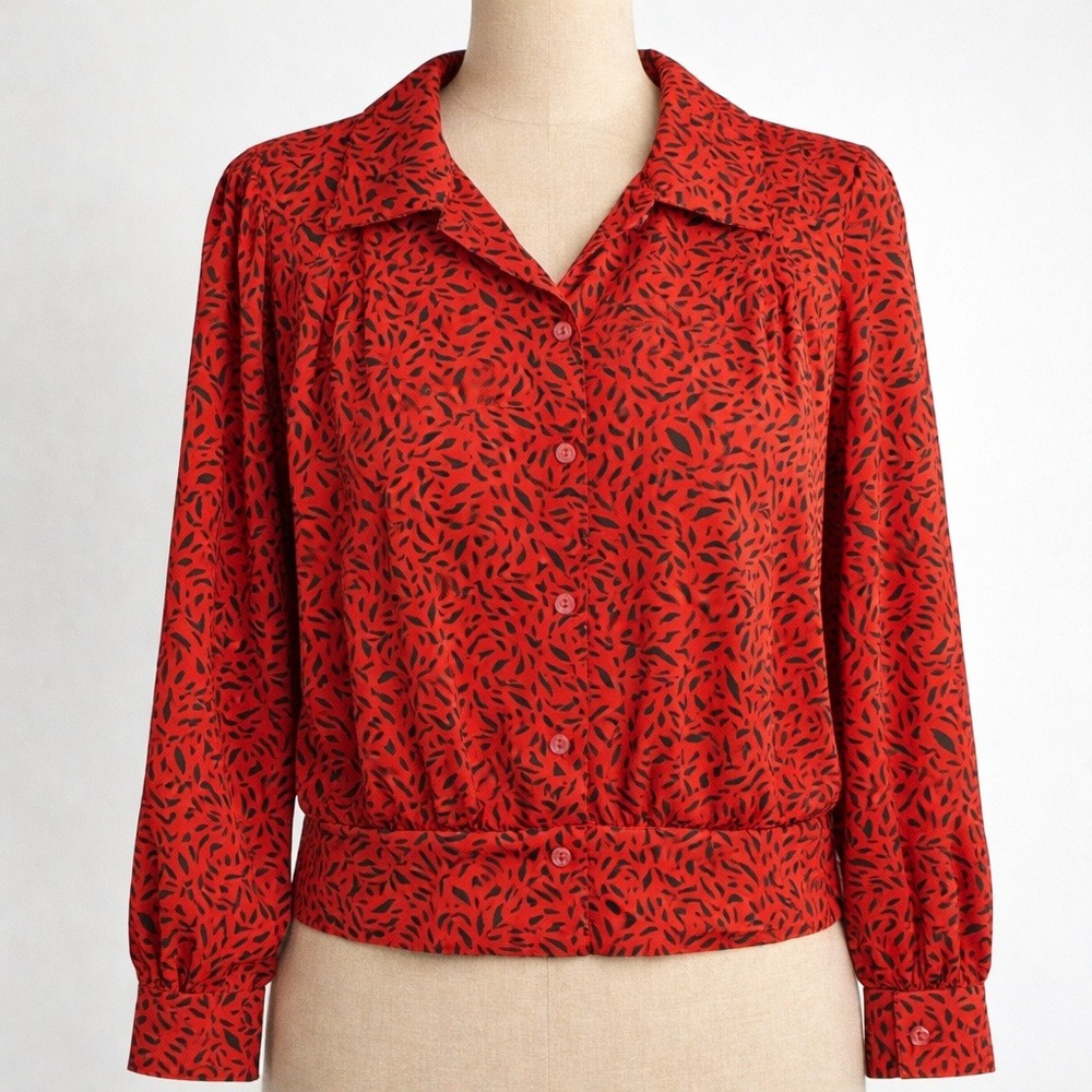 Vintage Y2K Abstract Long Sleeve Button Top Sz XL Red Black Office Siren Preppy